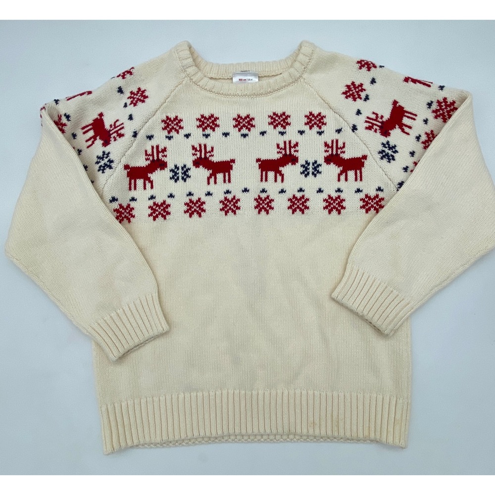 Hanna Andersson Kids Ivory Reindeer Fair Isle Cotton Knit Sweater US 4 100cm